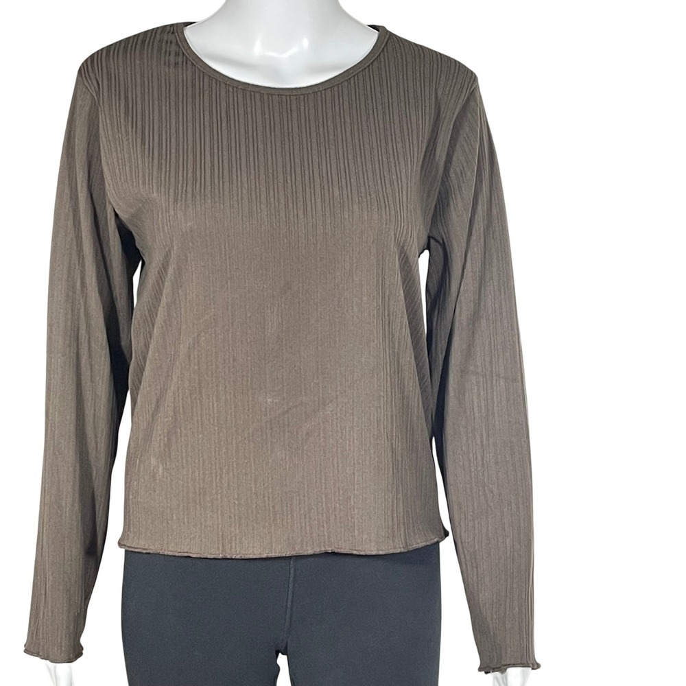 DAZY SHEIN Womens Large Brown Ribbed Top Long Sleeve Korean Minimalist Style NWT